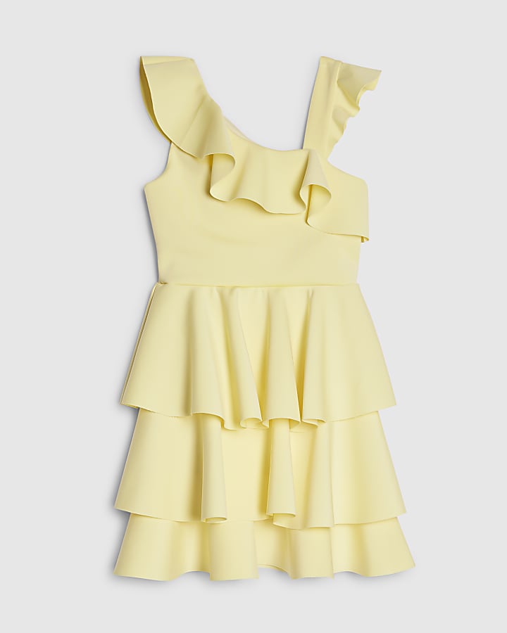 Girls Yellow Asymmetric Floral Scuba Dress