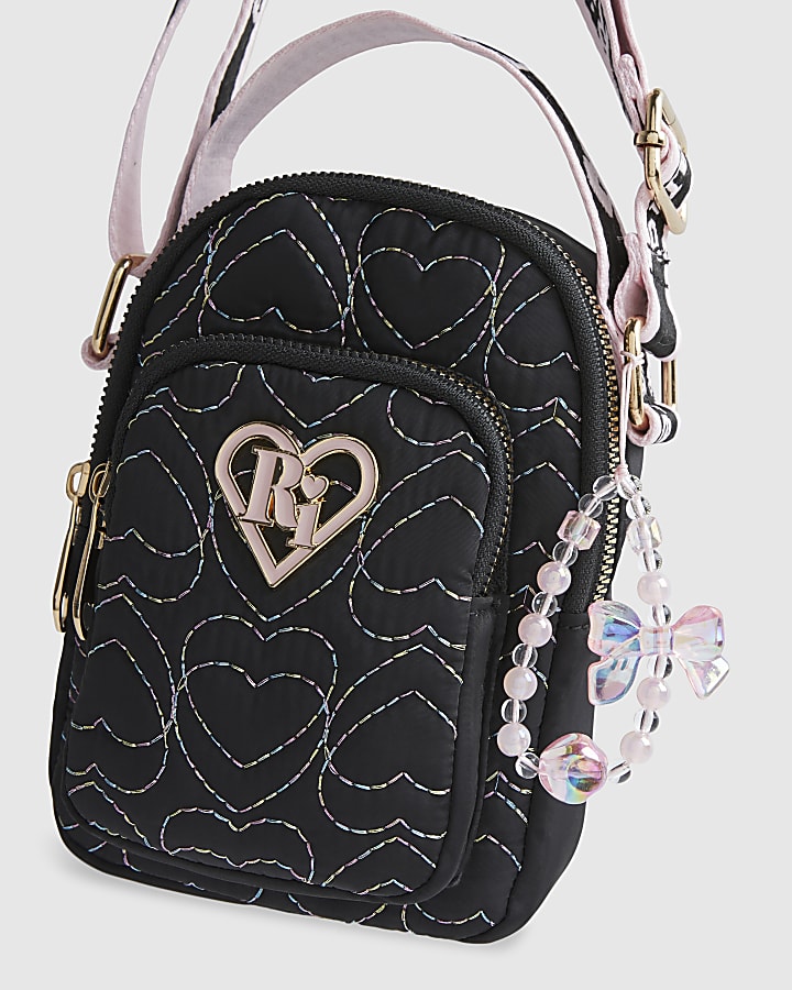 Girls Black Quilted Heart Cross Body Bag