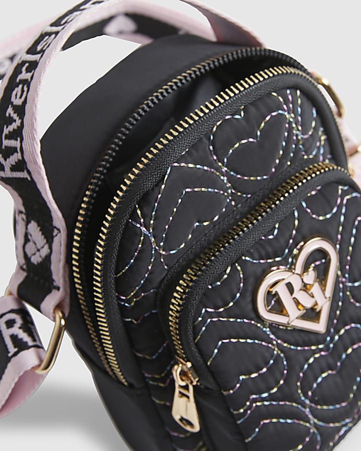 Girls Black Quilted Heart Cross Body Bag