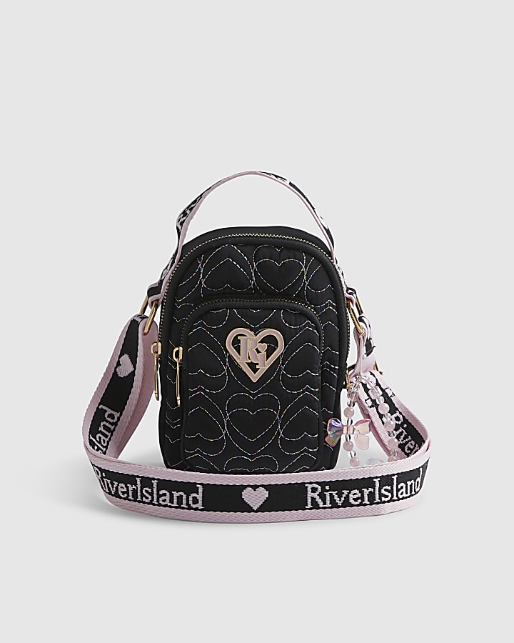 Girls Black Quilted Heart Cross Body Bag