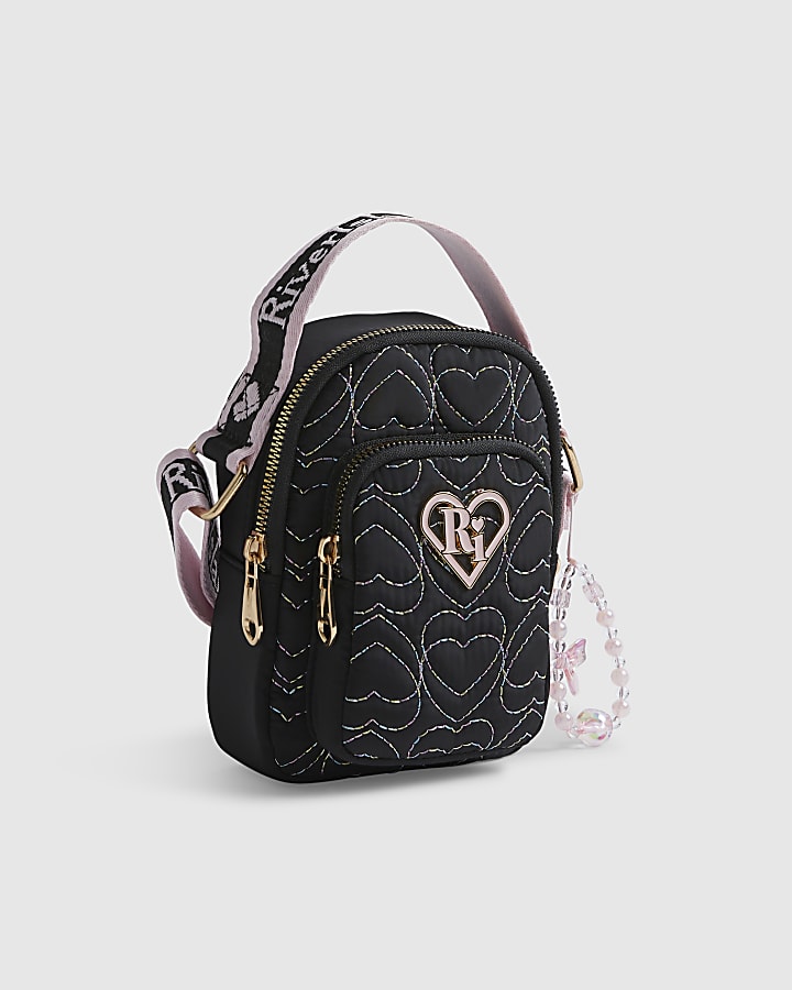 Girls Black Quilted Heart Cross Body Bag