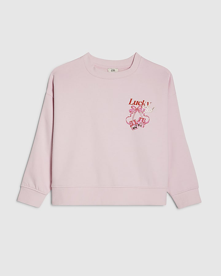 Girls Pink Lucky Girl Dice Sweatshirt