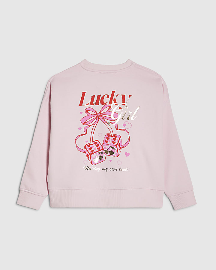 Girls Pink Lucky Girl Dice Sweatshirt
