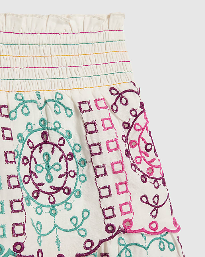 Girls Cream Embroidered Skirt Set