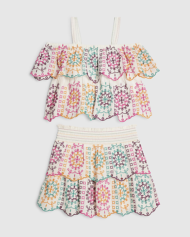 Girls Cream Embroidered Skirt Set