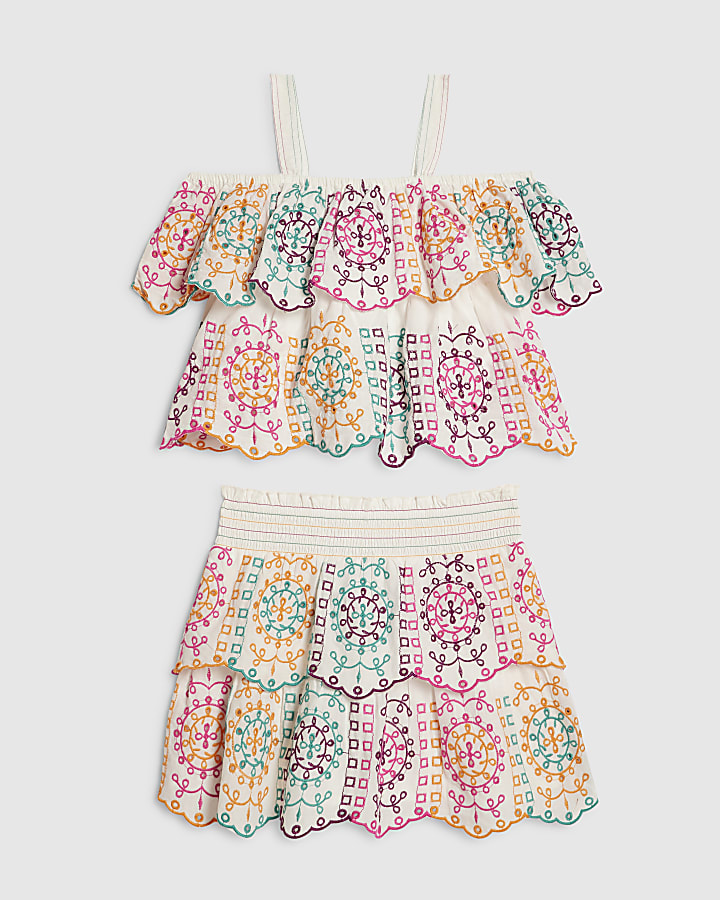Girls Cream Embroidered Skirt Set