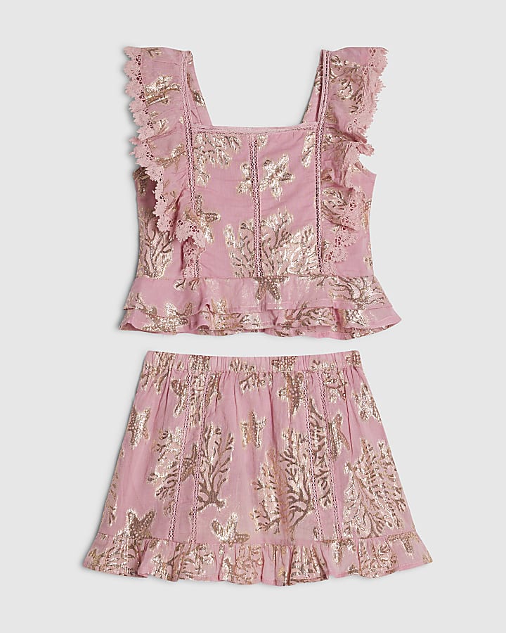 Girls Pink Sea Life Print Top & Skirt Set