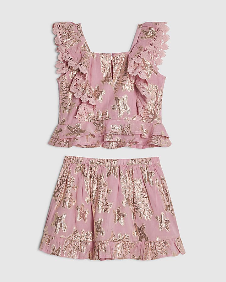 Girls Pink Sea Life Print Top & Skirt Set