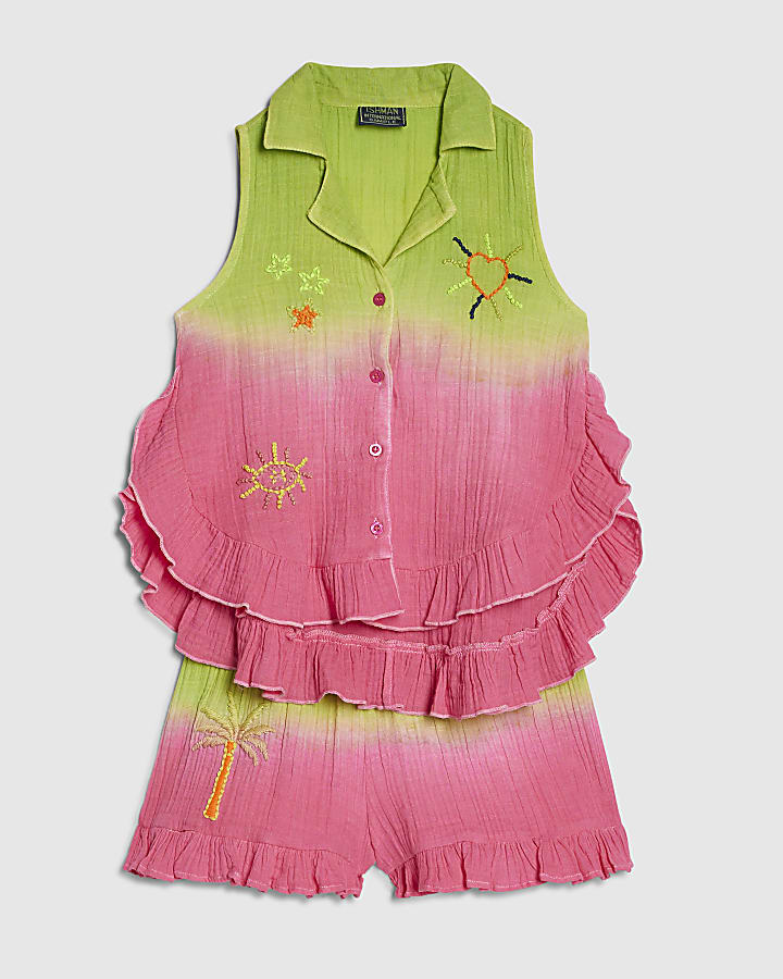 Girls Green Tie Dye Embroidered Shorts Set