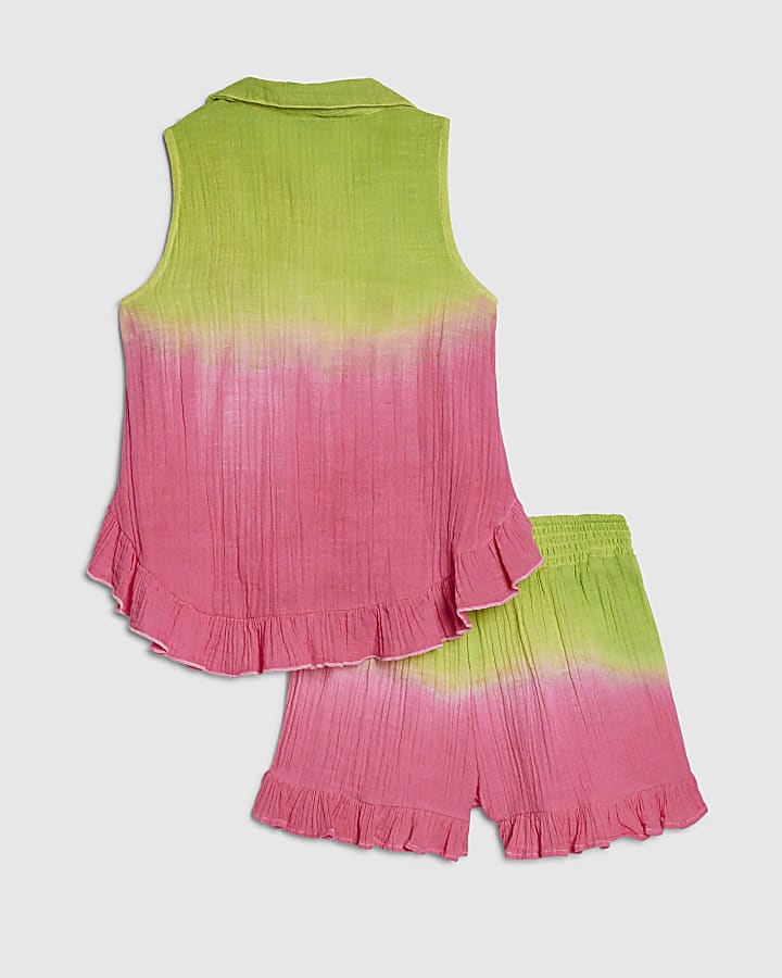 Girls Green Tie Dye Embroidered Shorts Set