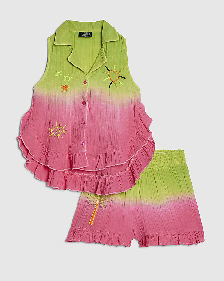 Girls Green Tie Dye Embroidered Shorts Set