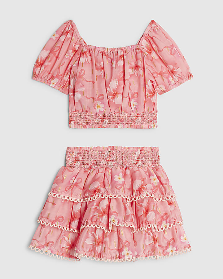 Mini Girls Pink Hibiscus Bow Skirt Set
