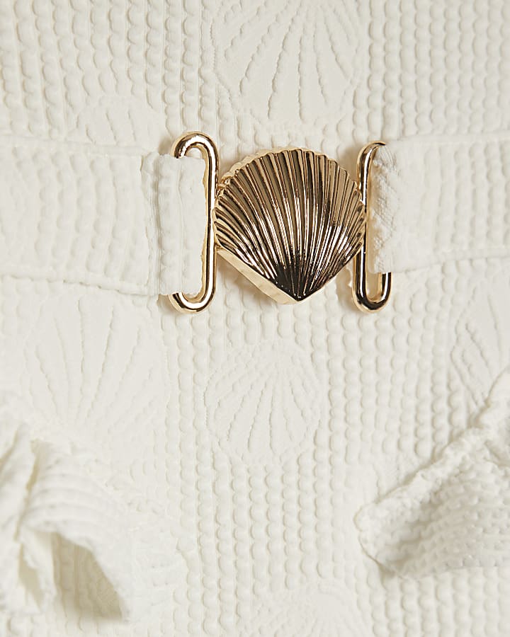 Mini Girls White Shell Textured Belt Swimsuit