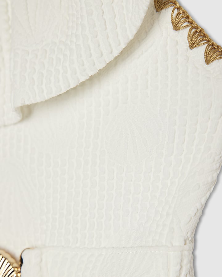 Mini Girls White Shell Textured Belt Swimsuit