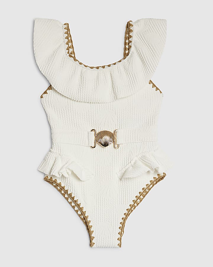 Mini Girls White Shell Textured Belt Swimsuit