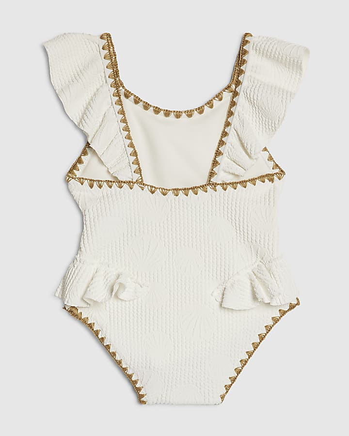 Mini Girls White Shell Textured Belt Swimsuit