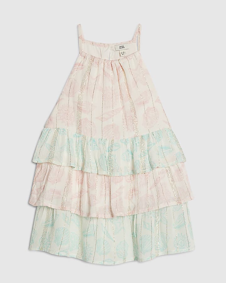 Mini Girls Pink Shell Print Tiered Dress