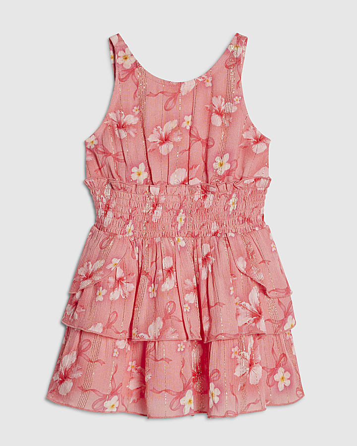 Mini Girls Pink Hibiscus Bow Dress