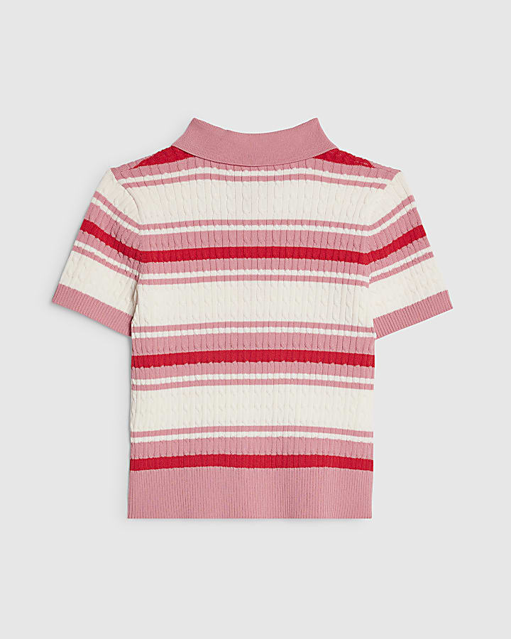 Girls Pink Stripe Cherry Bow Polo Shirt