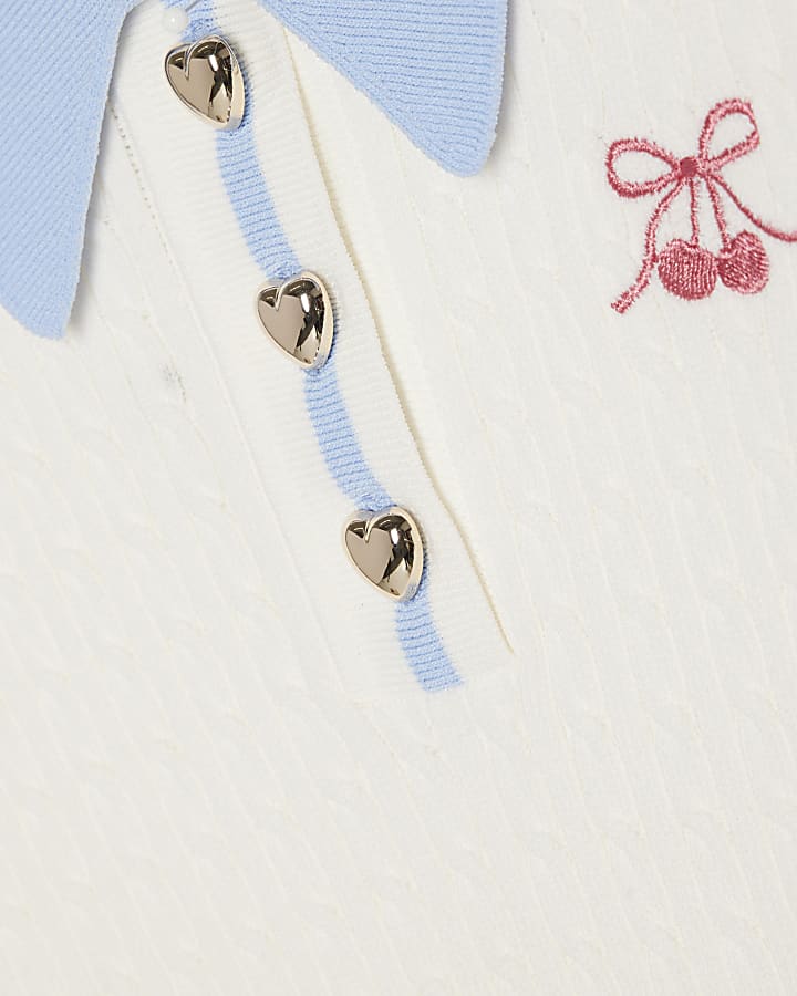 Girls White Stripe Cherry Bow Polo Shirt