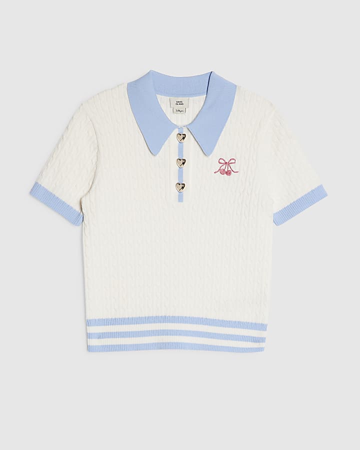 Girls White Stripe Cherry Bow Polo Shirt