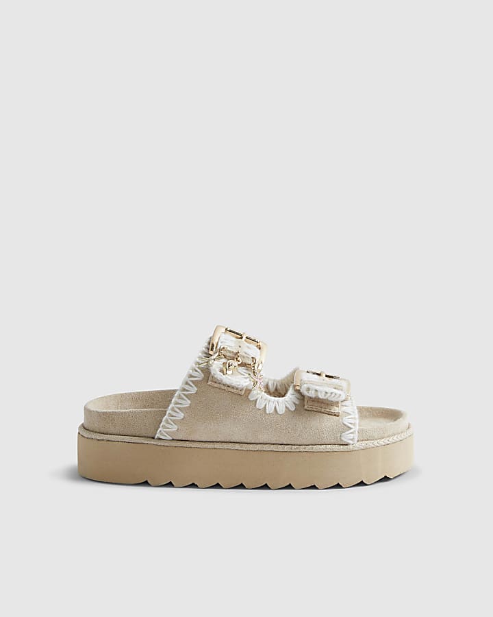 Girls Beige Whipstitch Sandal Slippers