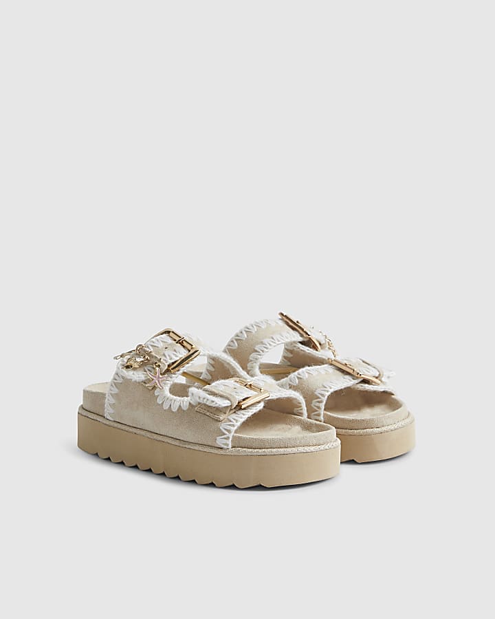Girls Beige Whipstitch Sandal Slippers