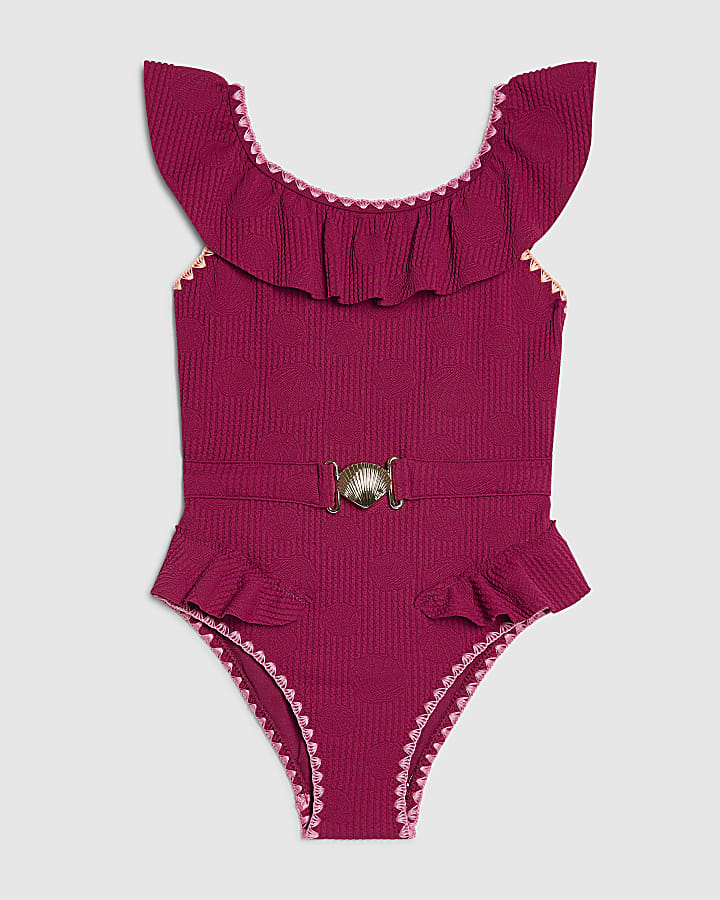Girls Pink Shell Texture Belt Swimsuit