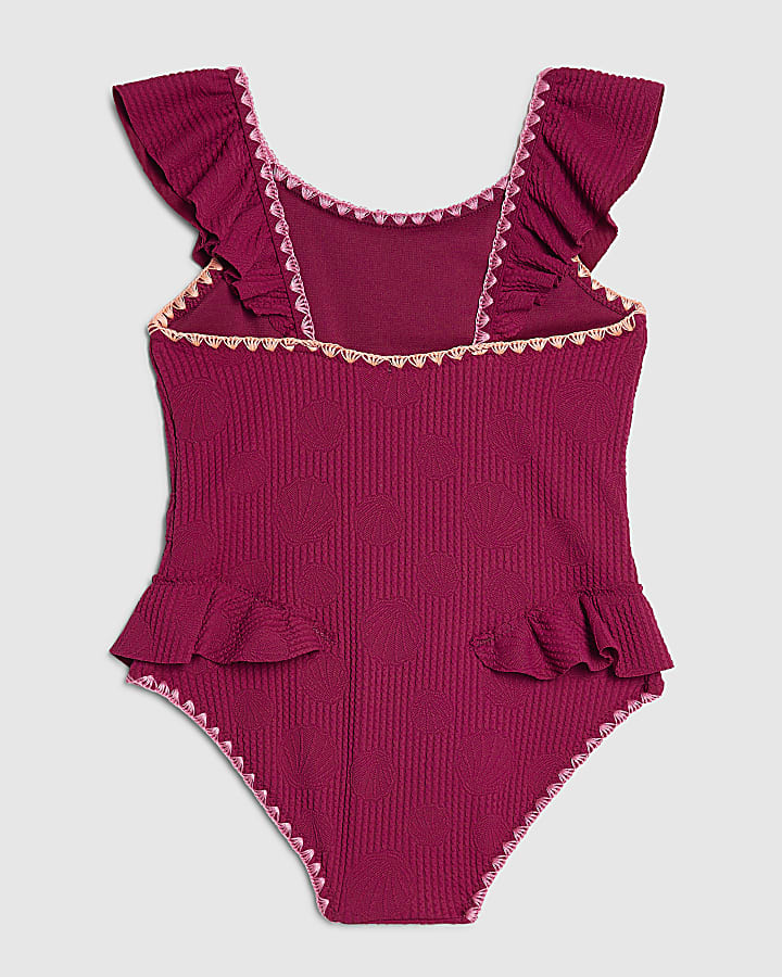 Girls Pink Shell Texture Belt Swimsuit