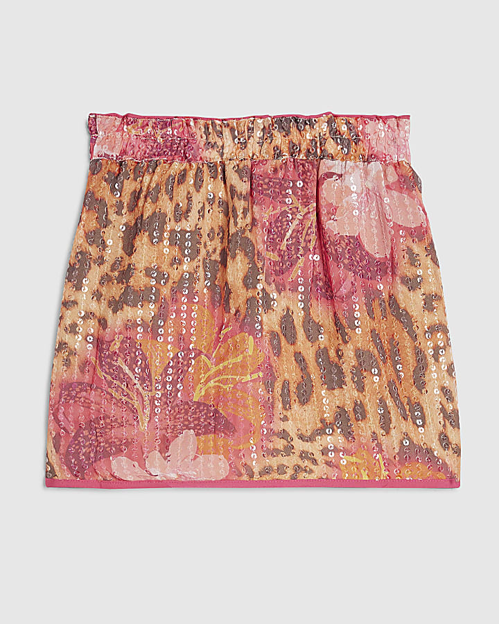Girls Brown Floral Leopard Sarong Skirt