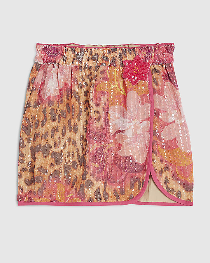 Girls Brown Floral Leopard Sarong Skirt