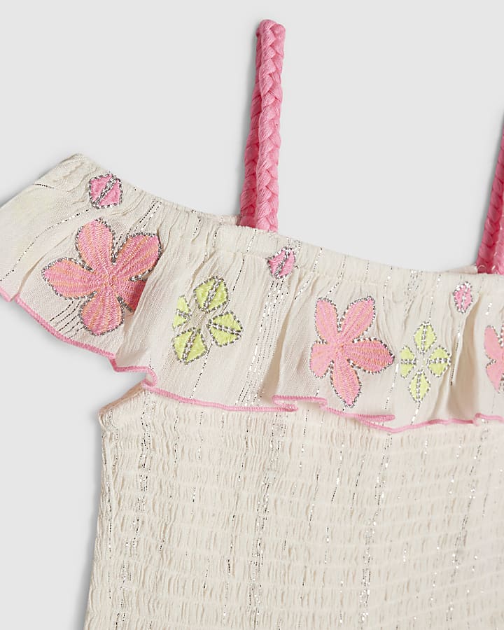 Girls Cream Flower Print Skirt Set