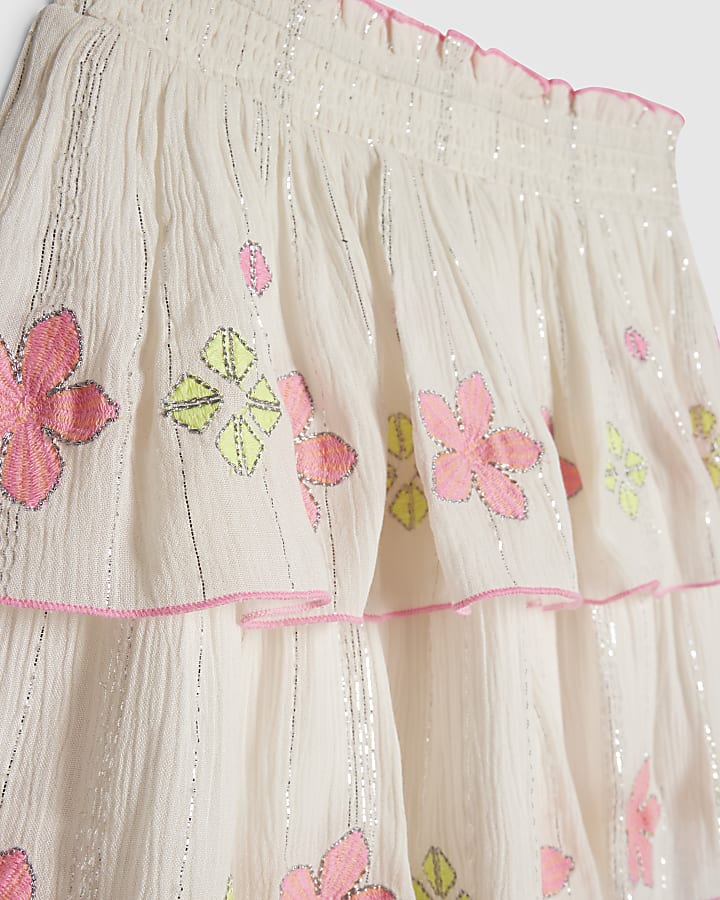 Girls Cream Flower Print Skirt Set