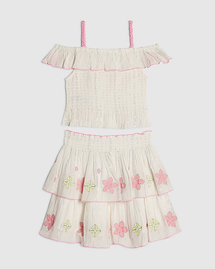 Girls Cream Flower Print Skirt Set