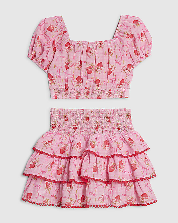 Girls Pink Strawberry Bow Skirt Set
