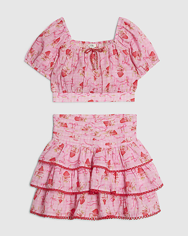 Girls Pink Strawberry Bow Skirt Set