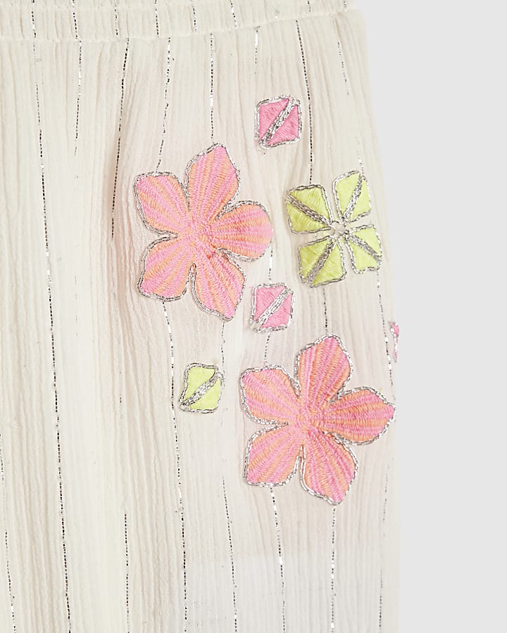 Girls White Floral Trousers Set