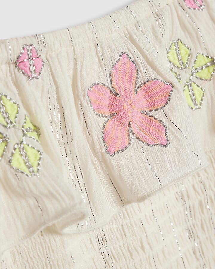 Girls White Floral Trousers Set