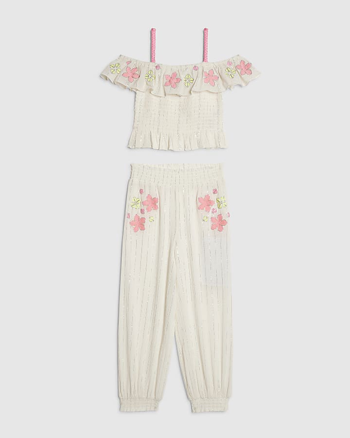 Girls White Floral Trousers Set