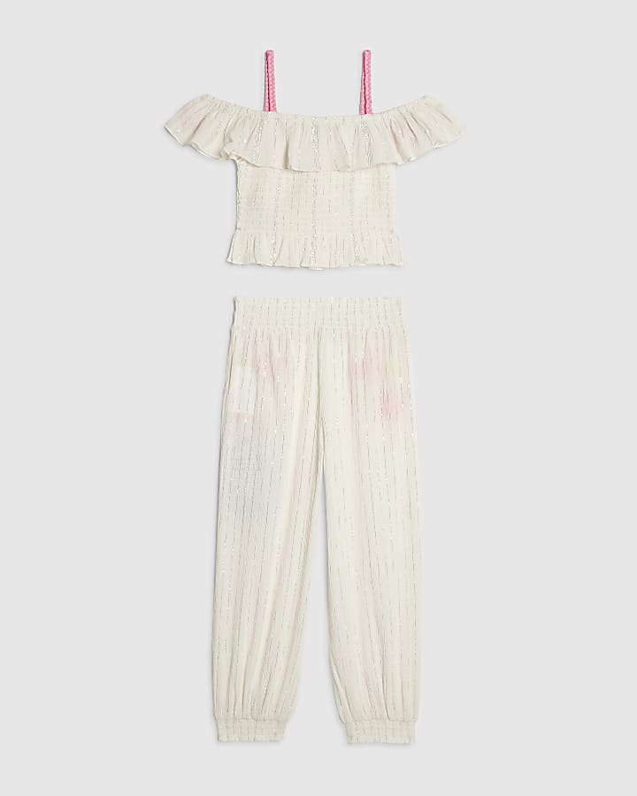 Girls White Floral Trousers Set