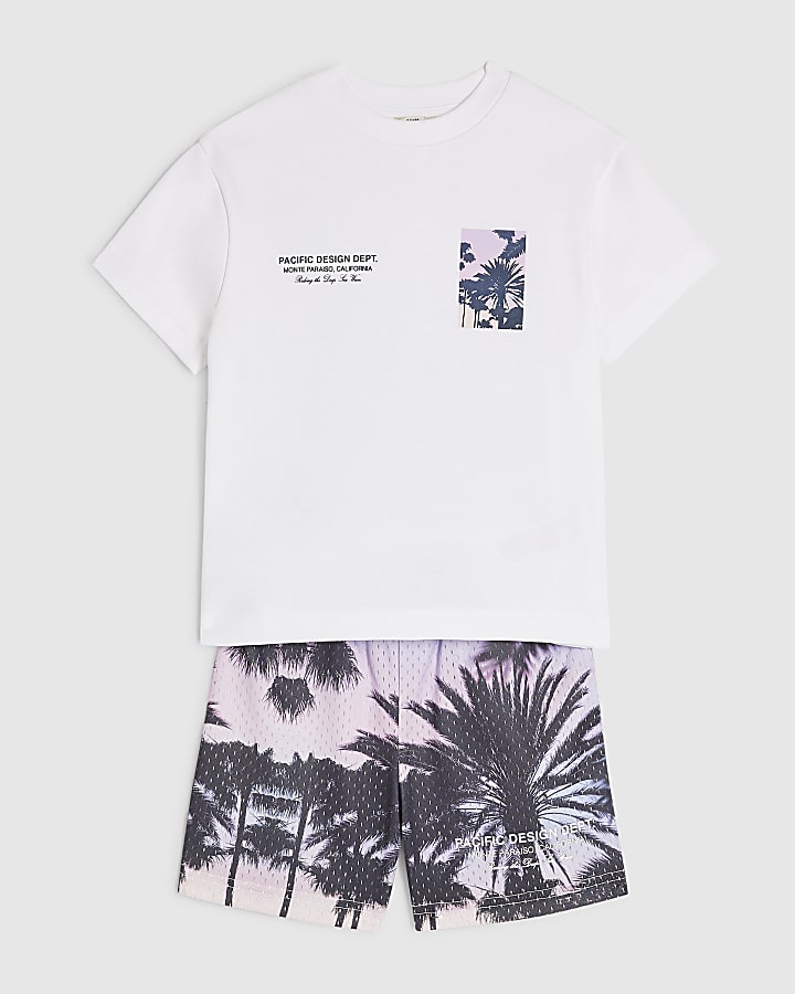 Mini Boys White Palm Tree Mesh Shorts Set