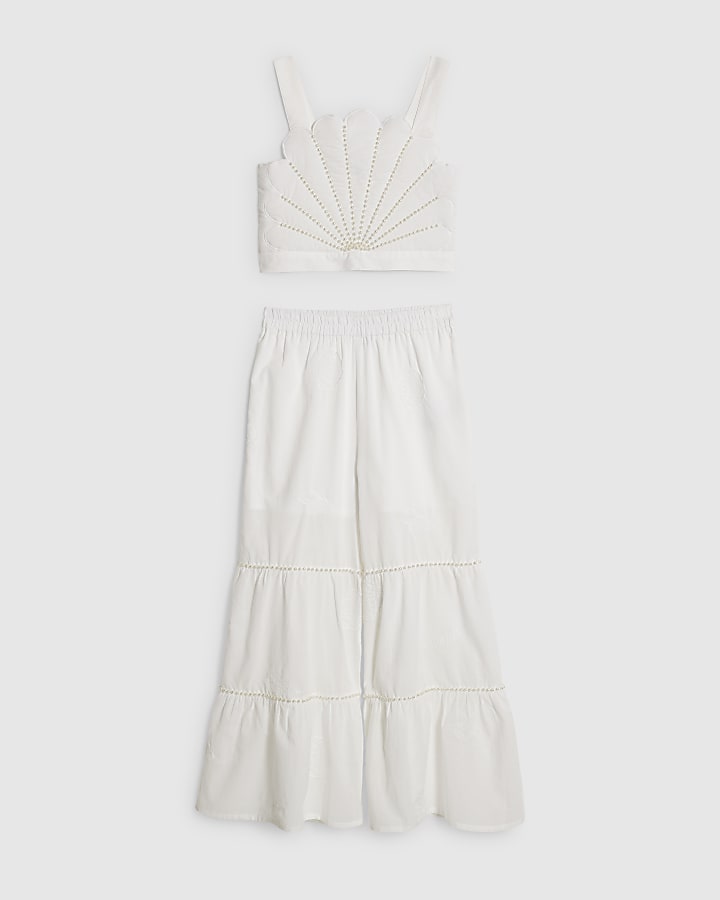 Girls White Pearl Shell Top Trouser Set