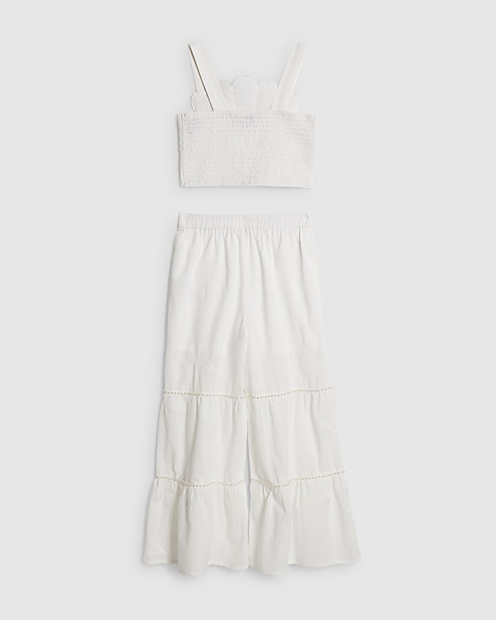 Girls White Pearl Shell Top Trouser Set