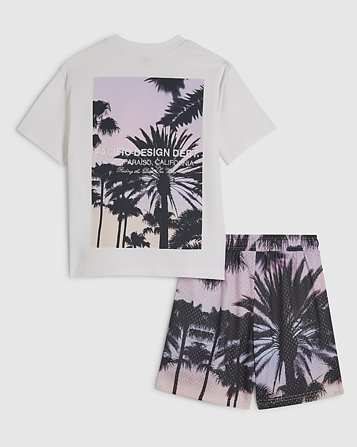 Boys White Palm Tree Mesh Shorts Set
