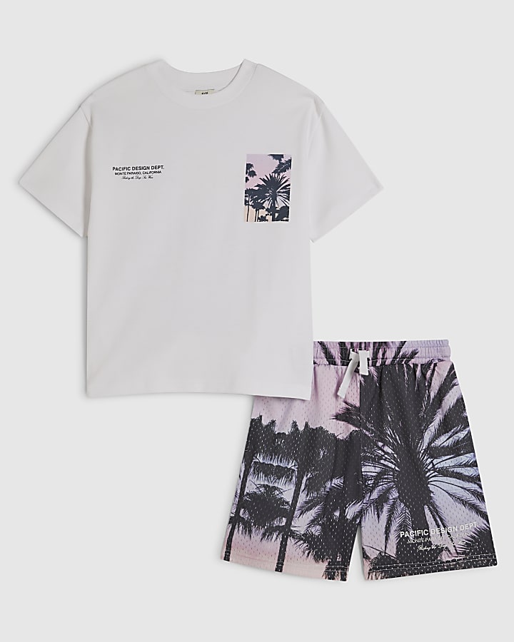 Boys White Palm Tree Mesh Shorts Set