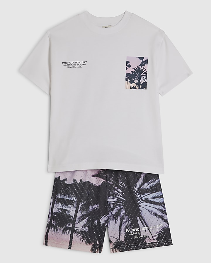 Boys White Palm Tree Mesh Shorts Set