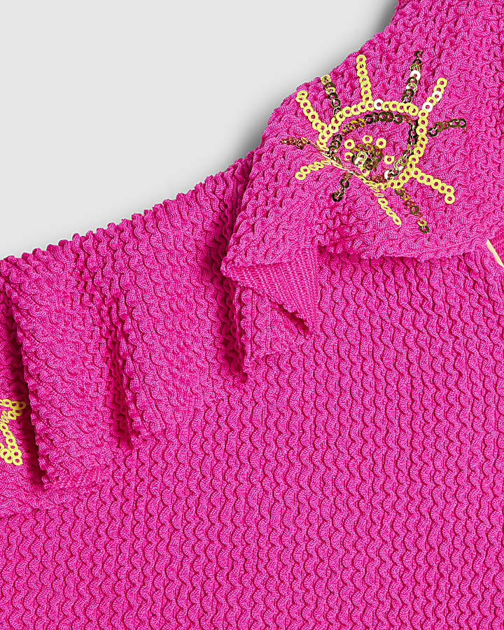 Girls Pink Frilled Textured Swimsuit