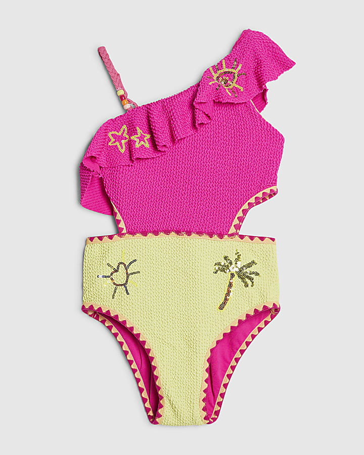 Girls Pink Frilled Textured Swimsuit