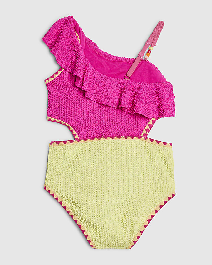 Girls Pink Frilled Textured Swimsuit