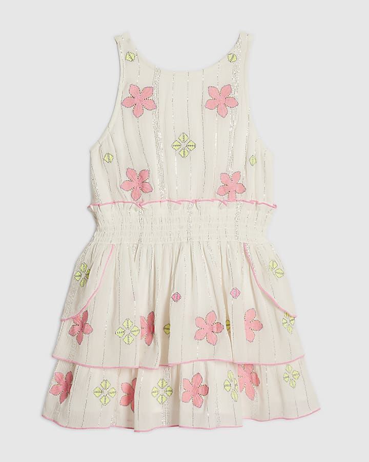 Girls White Embroidered Scallop Dress